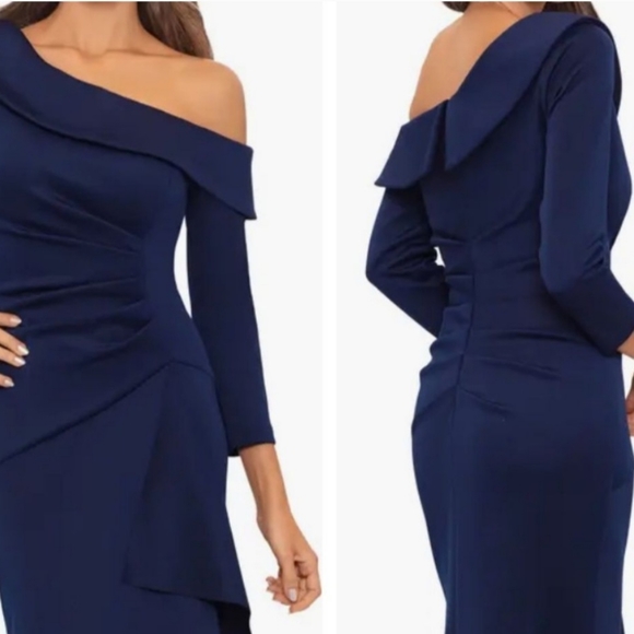 XSCAPE Elegant One-Shoulder Dark Navy Blue Gown NWT Sz 14 - Picture 4 of 6